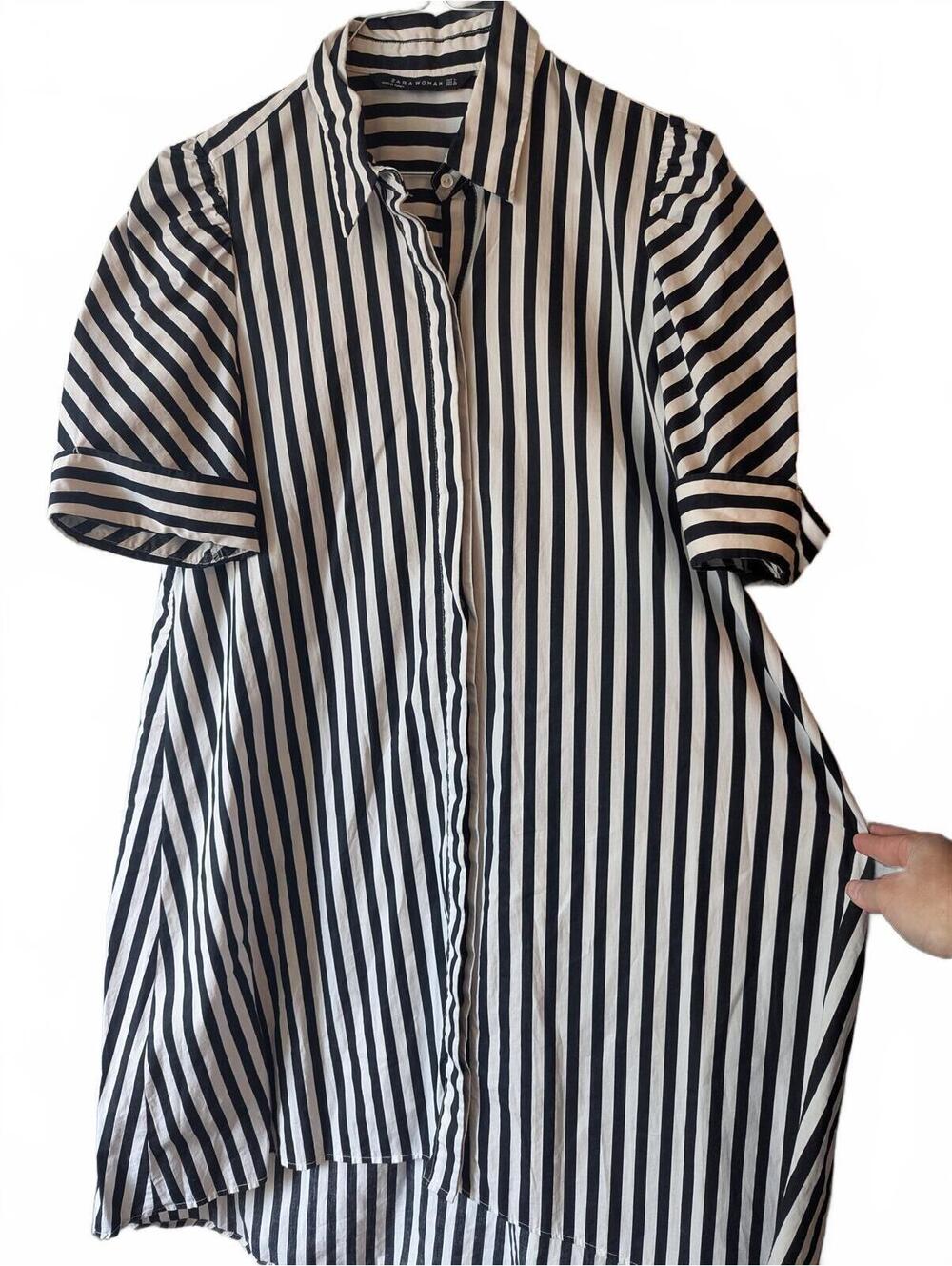 Zara Black and White Vertical Stripe Shirt Dress with Puff Sleeves